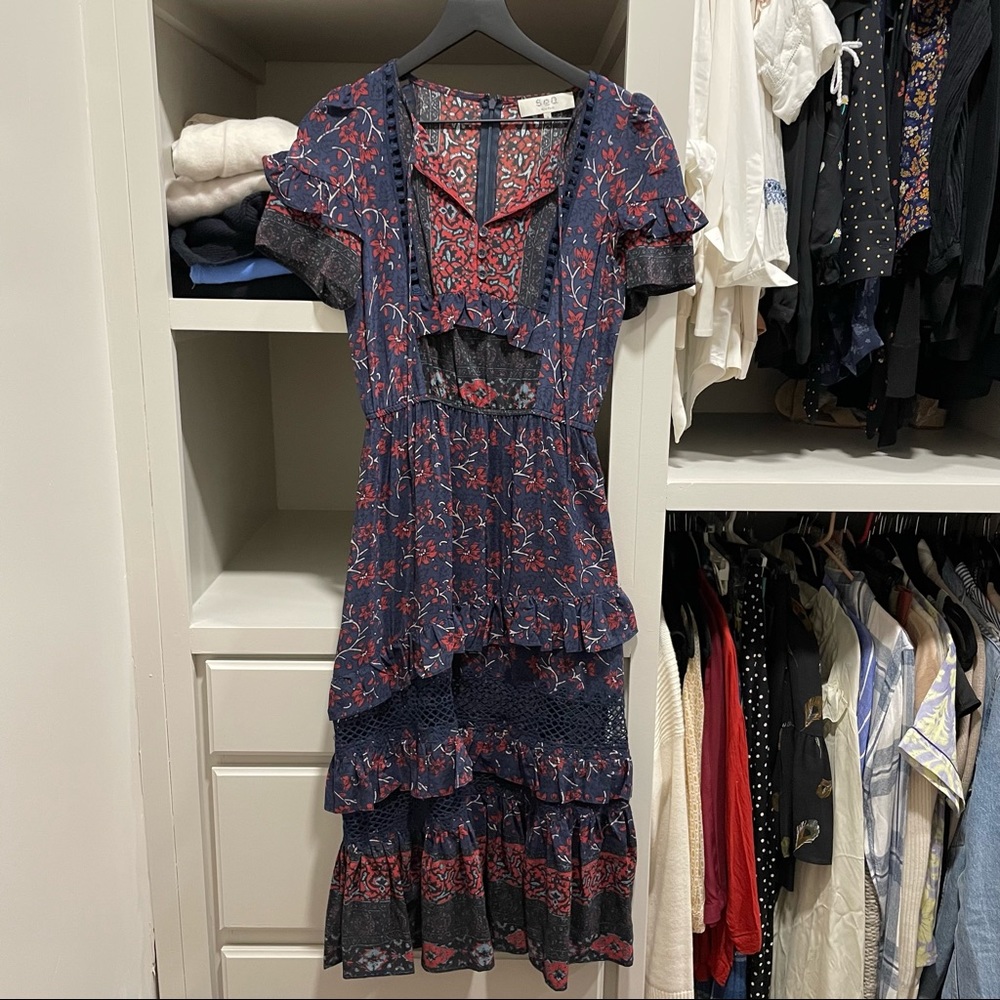 Sea NY Navy Blue Red Floral Ruffle Midi Silk Dress